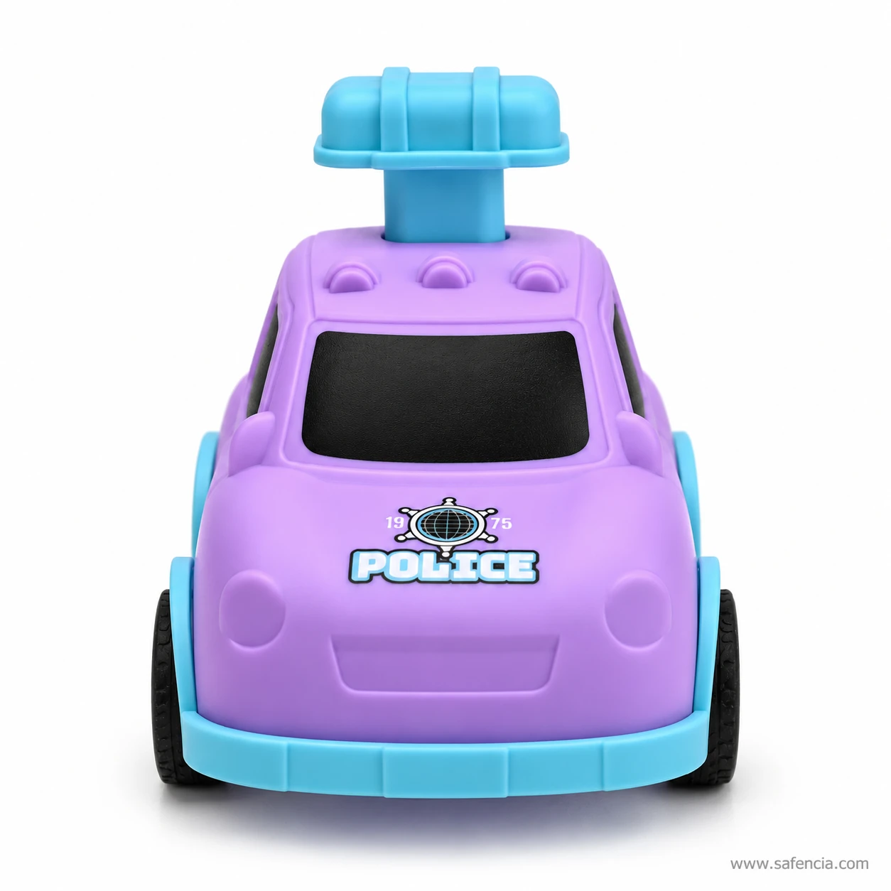 Front of the purple police car toy with a 1975 globe badge, POLICE on the bonnet and a light blue roof light