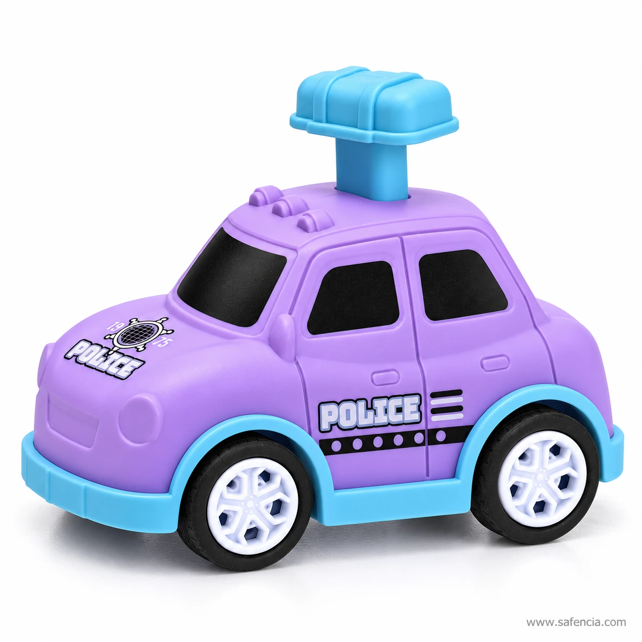 Purple police car toy from the side with a light blue base, white wheels, POLICE on the door and a dotted stripe