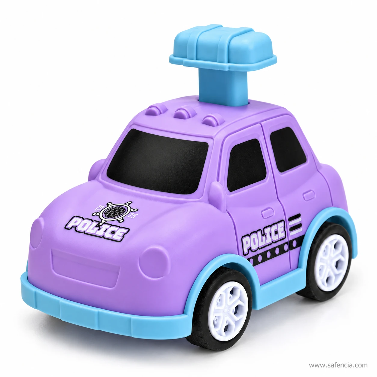 Purple press and go police car toy with a light blue base and light blue roof light button, POLICE printed on the side