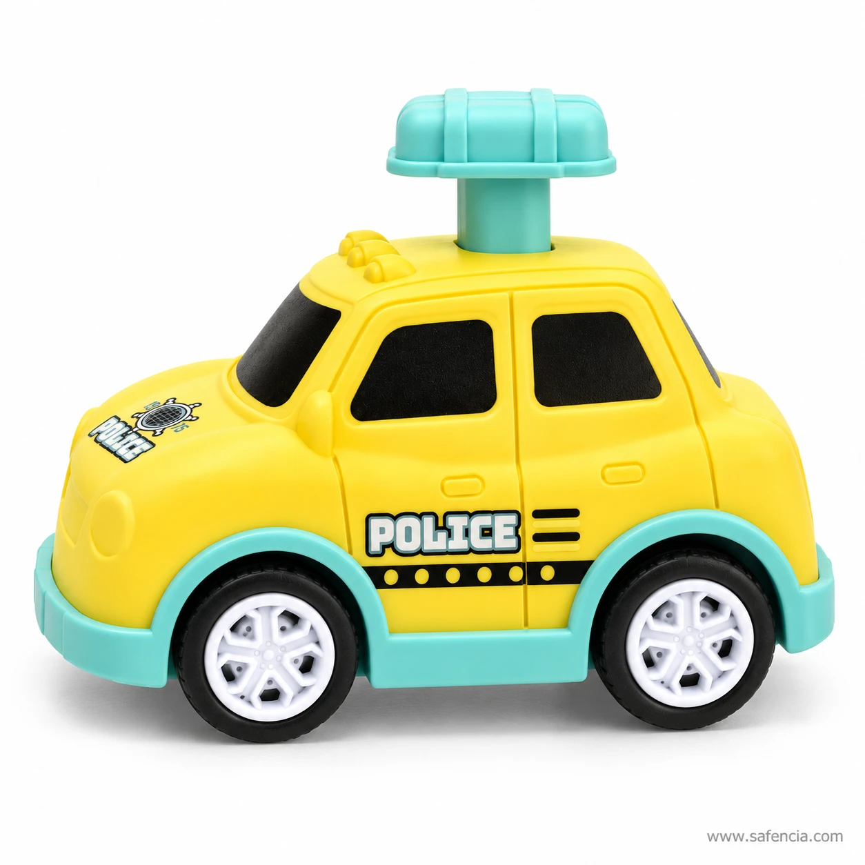 Yellow police car toy from the side with a mint base, mint roof light, POLICE on the door and white wheels