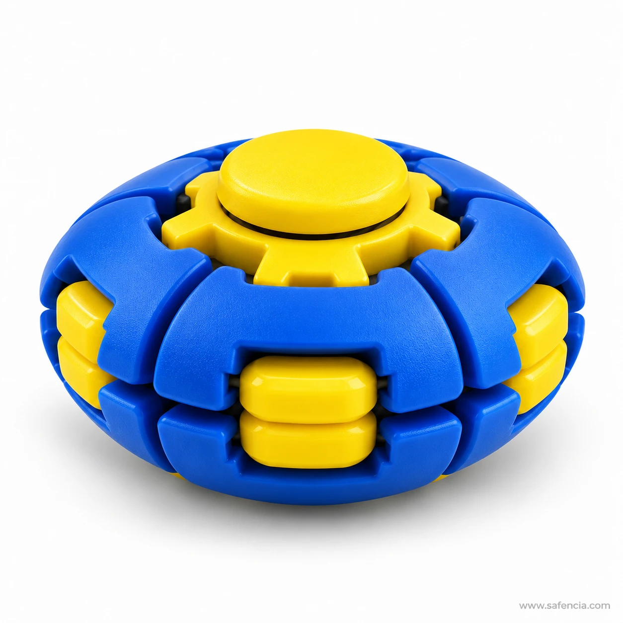Blue and yellow press and spin fidget ball pressed flat into its disc shape