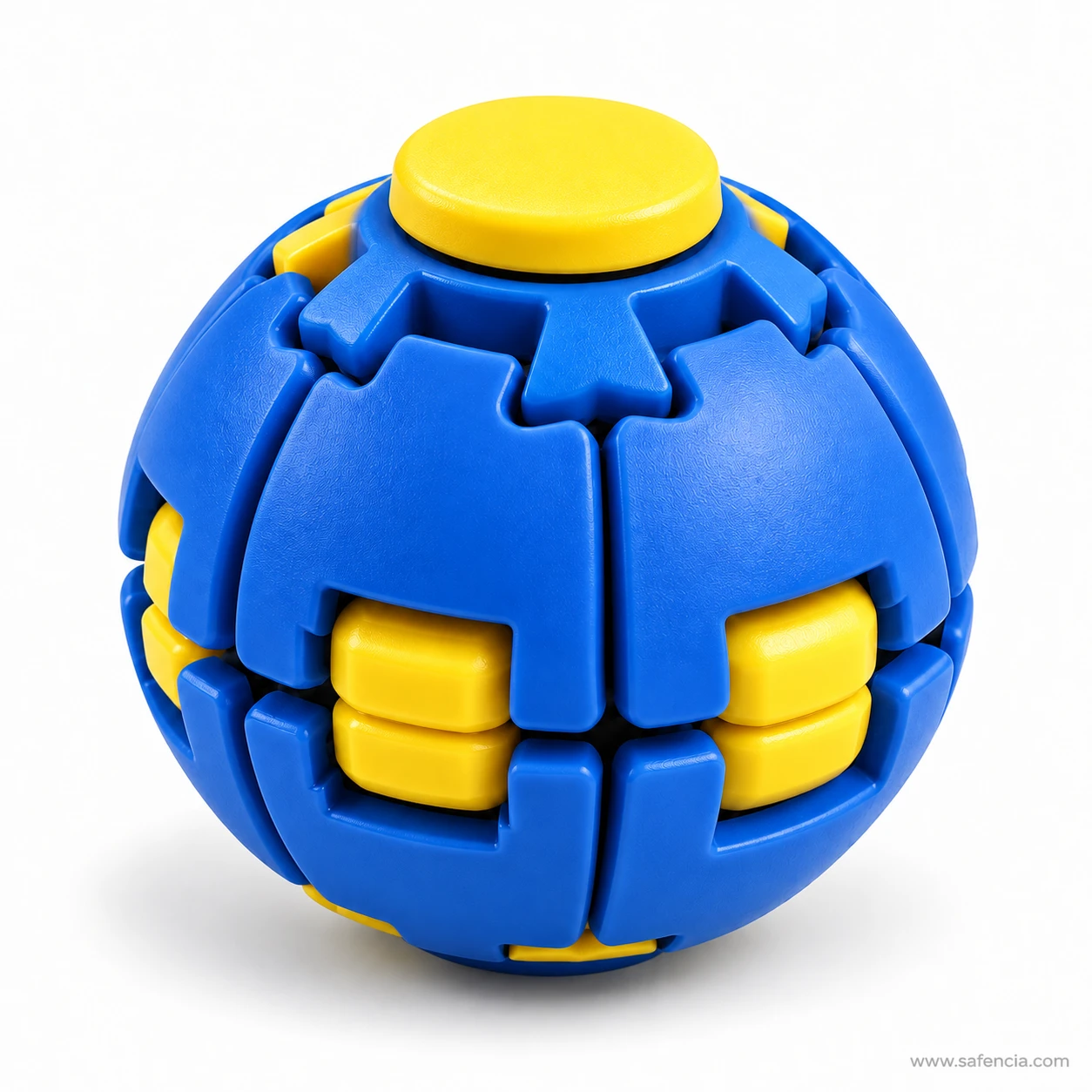 Blue and yellow press and spin fidget ball in ball shape with a yellow button