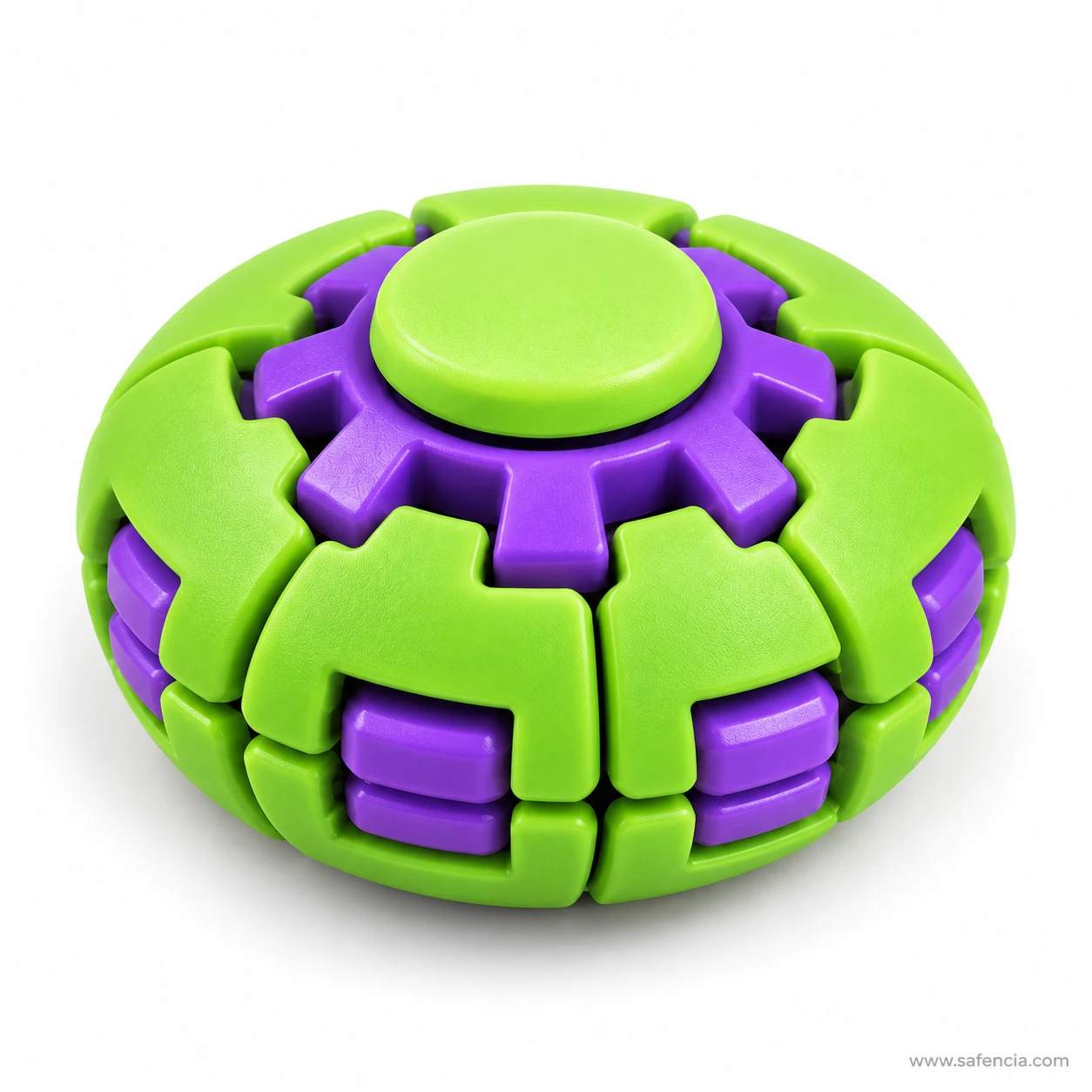 Green and purple press and spin fidget ball flattened into a disc with segments folded outward
