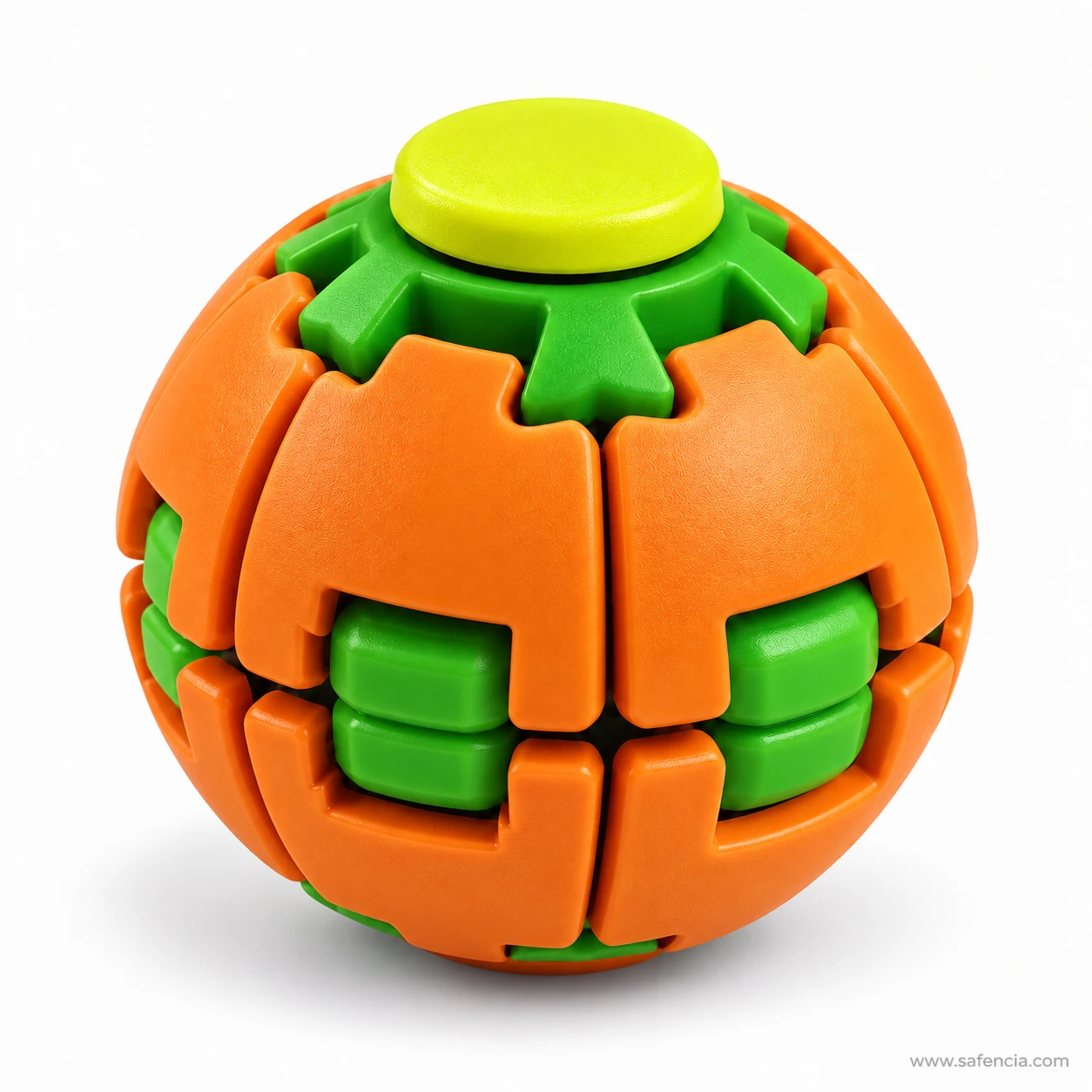 Orange and green press and spin fidget ball with a yellow button and green gear collar