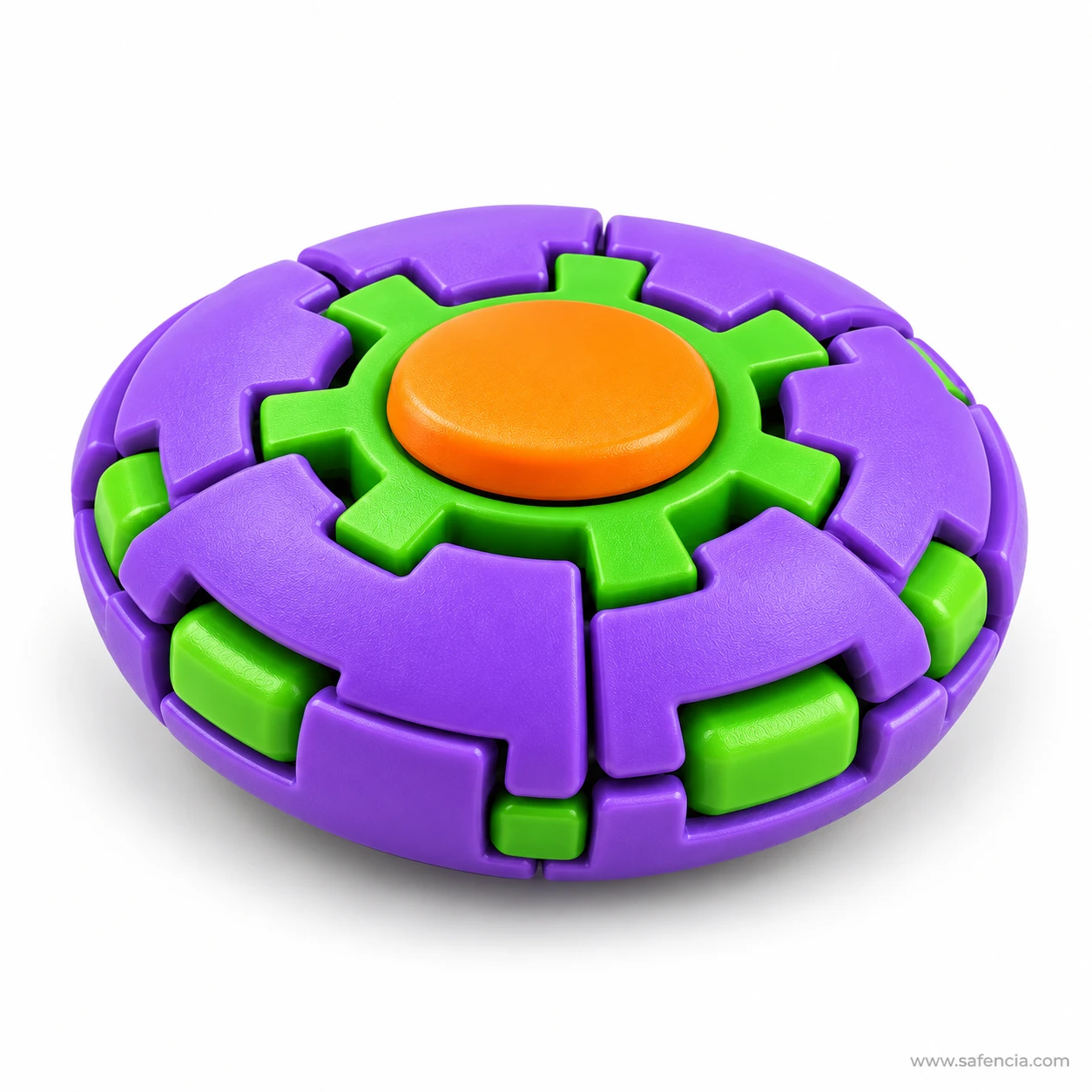 Purple press and spin fidget ball pressed into a wide disc with green segments showing