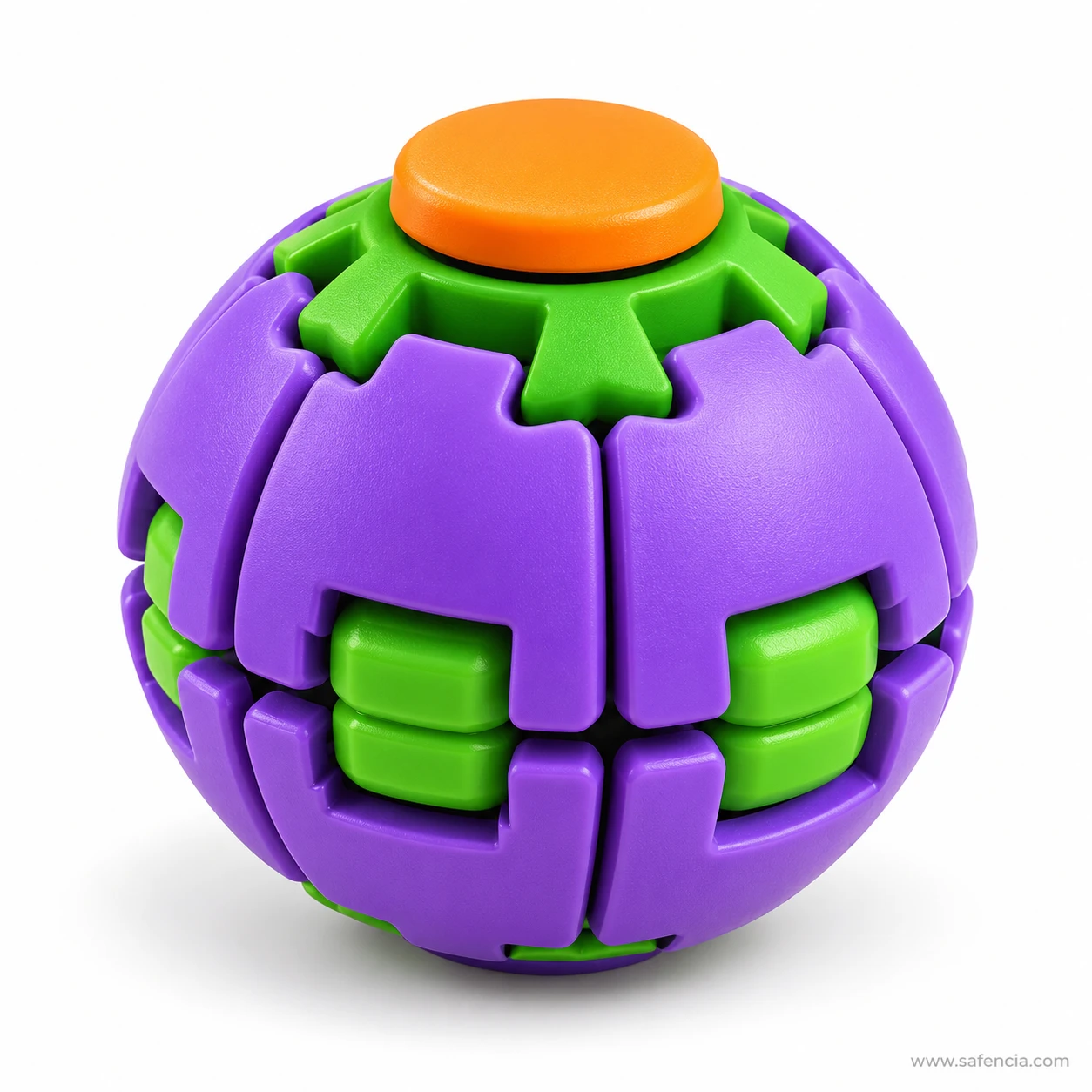 Purple and green press and spin fidget ball in ball shape with an orange button and gear collar