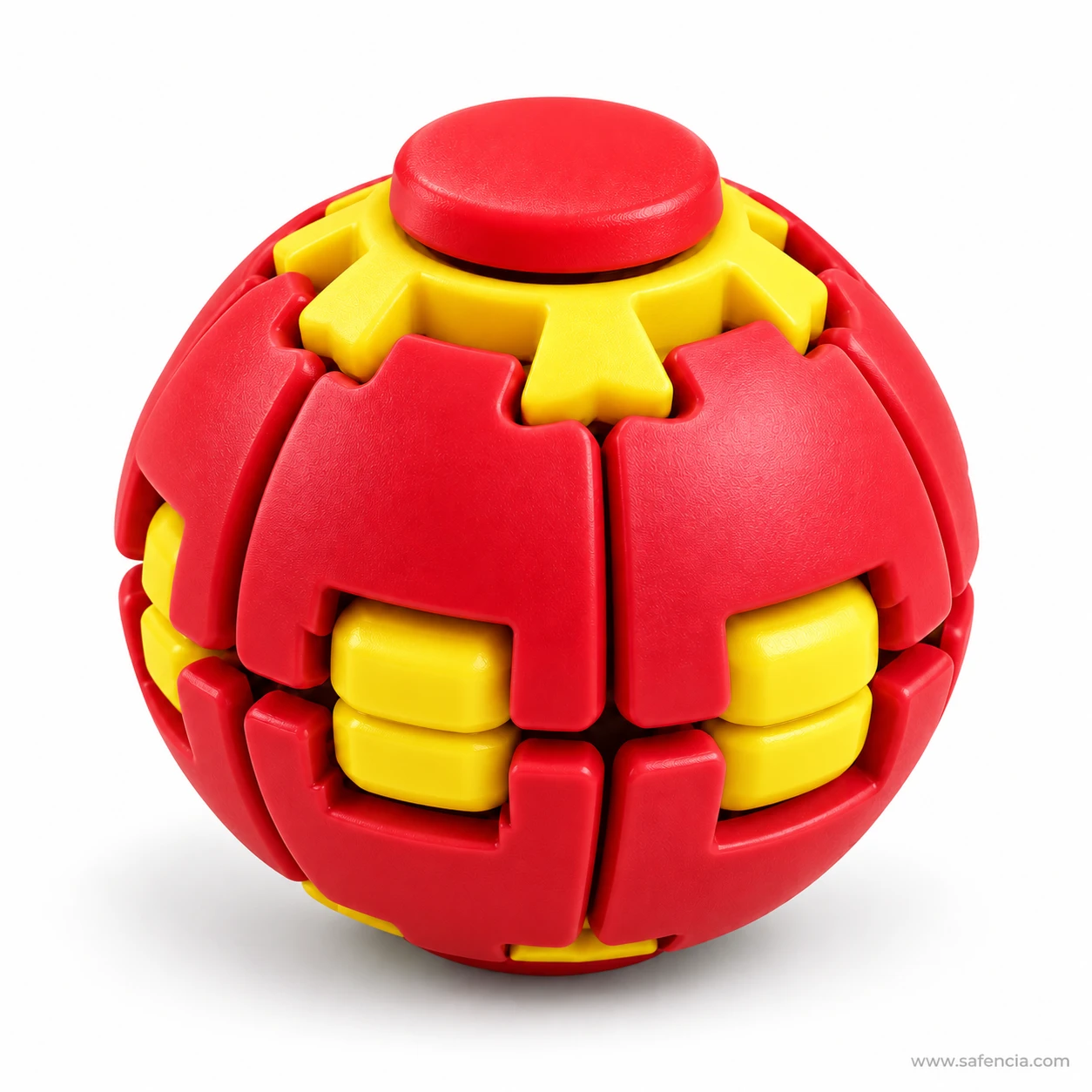 Red and yellow press and spin fidget ball in ball shape with a red button on top