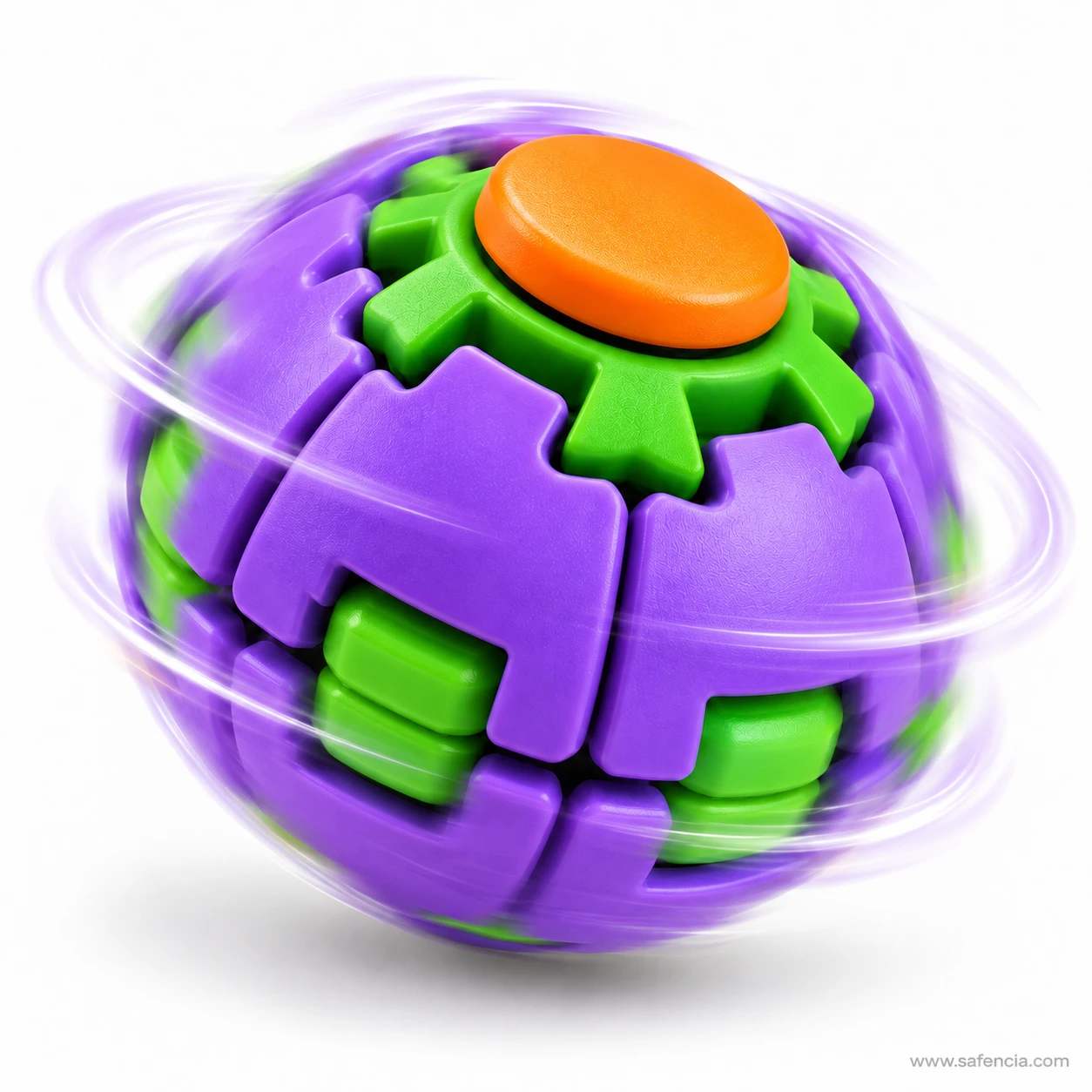 Purple and green press and spin fidget ball spinning in ball shape with motion blur around it