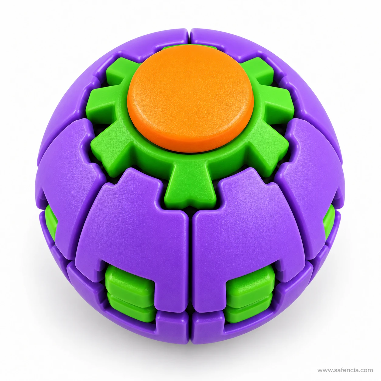 Top view of the purple press and spin fidget ball showing the orange button and green gear collar