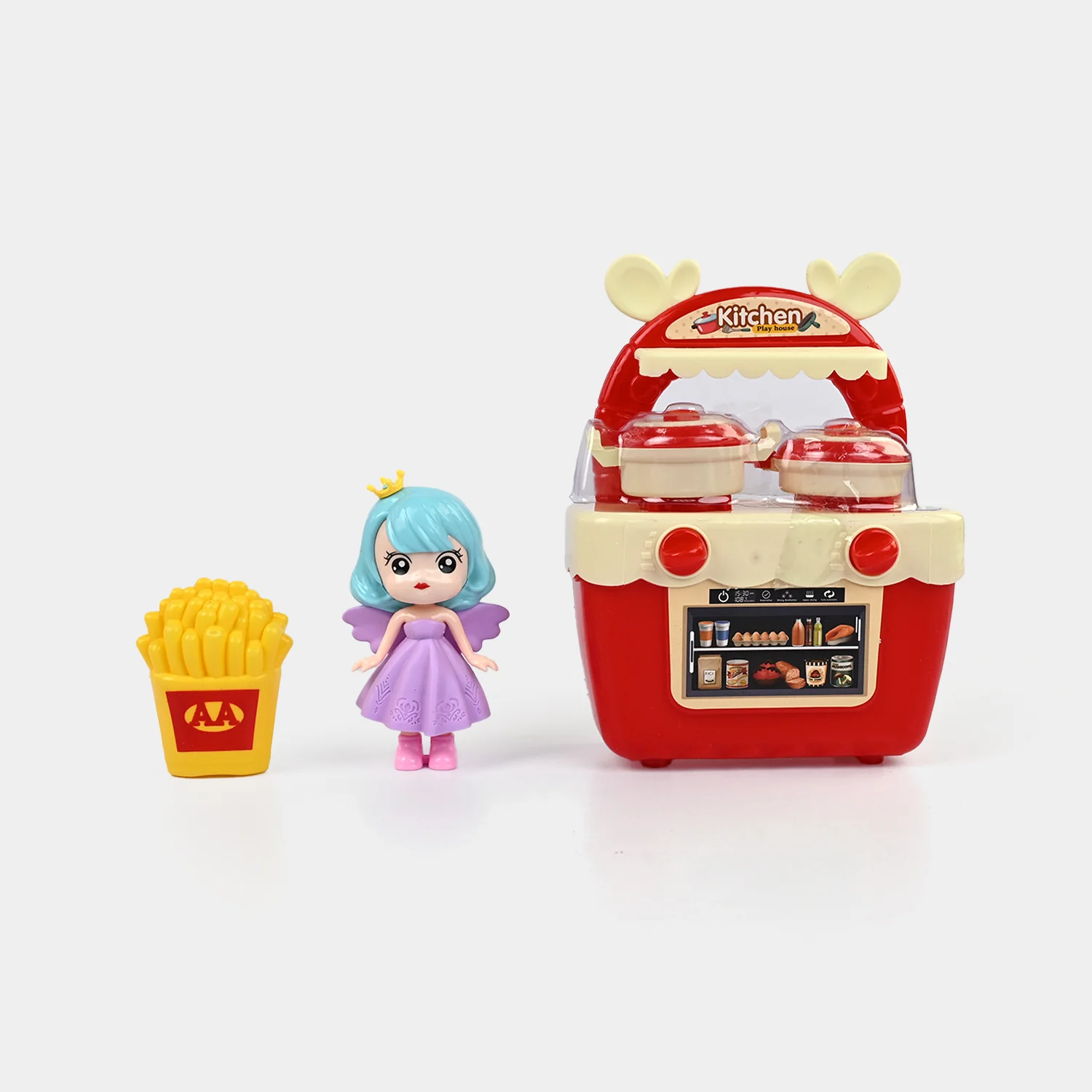 Pretend Play Kitchen Stove Set open view - stove, pots, utensils and play food