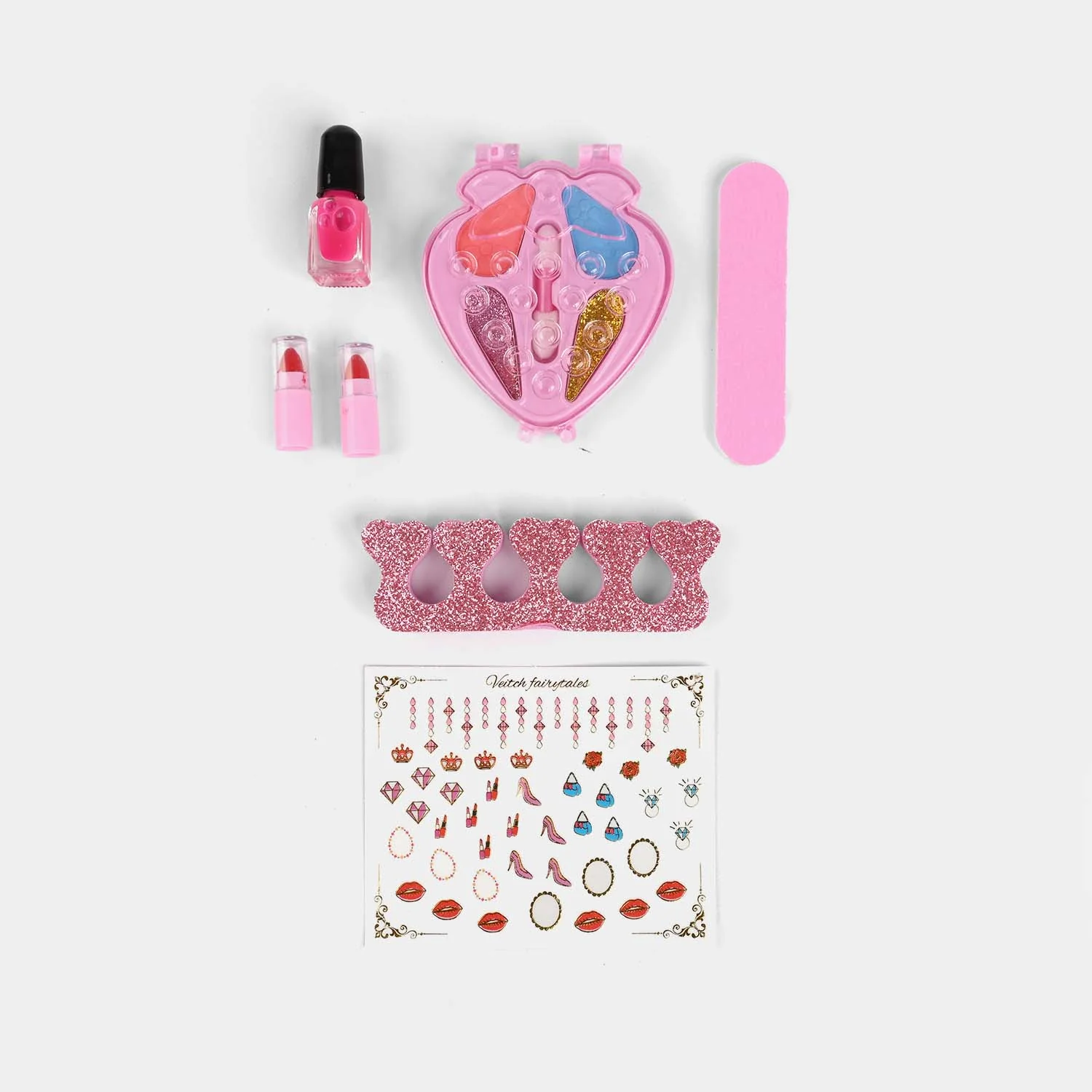 Pretend Play Makeup & Nail Set open view - eyeshadows, nail polish, lip balms and nail stickers