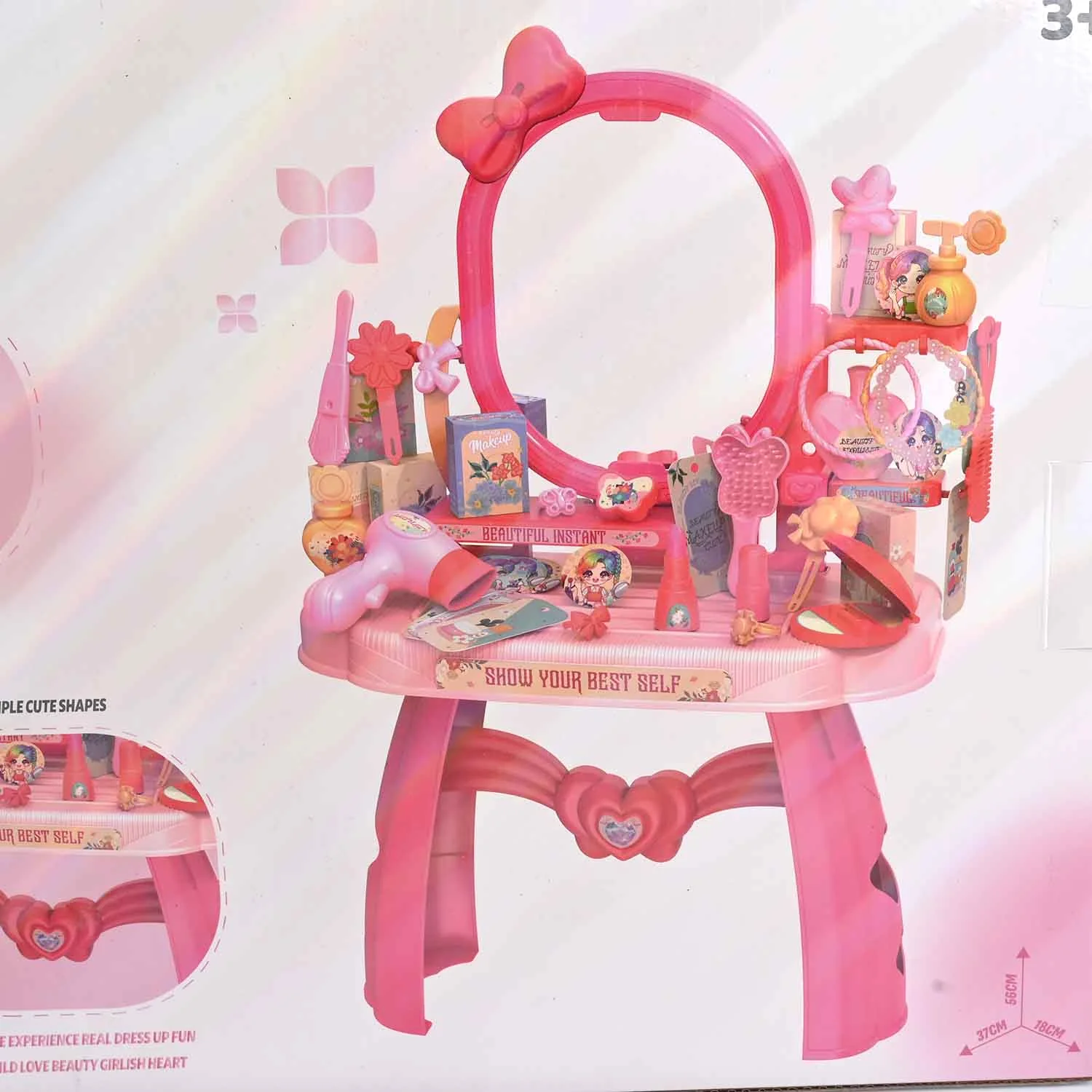 Princess Dressing Table Play Set open view - mirror, hairdryer, perfume and beauty accessories