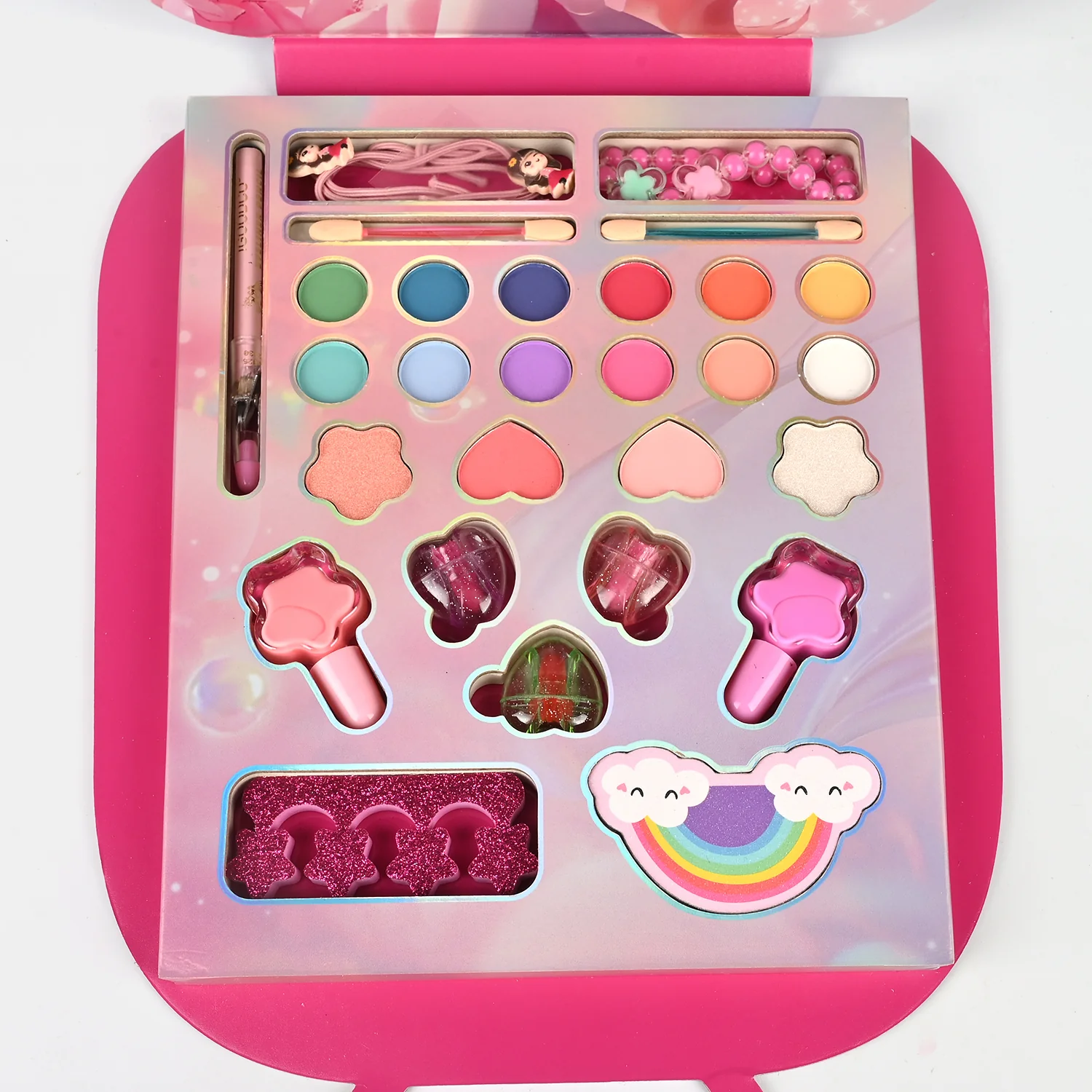 Princess Makeup Vanity Case for Girls open view - eyeshadows, lip gloss and nail polish