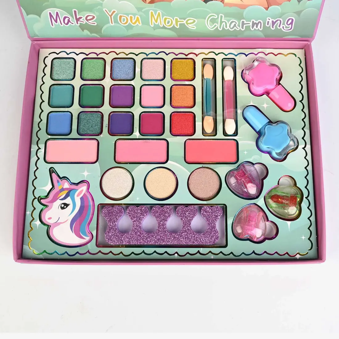 Princess Unicorn Makeup Palette open view - eyeshadows, blushes, lip glosses and lashes