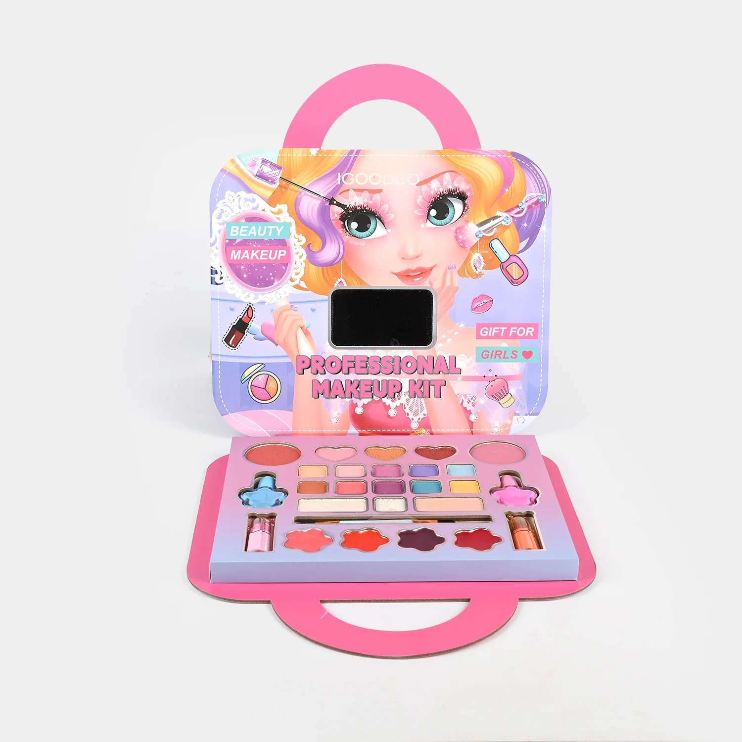 Professional Makeup Kit box view - cartoon girl design with handle