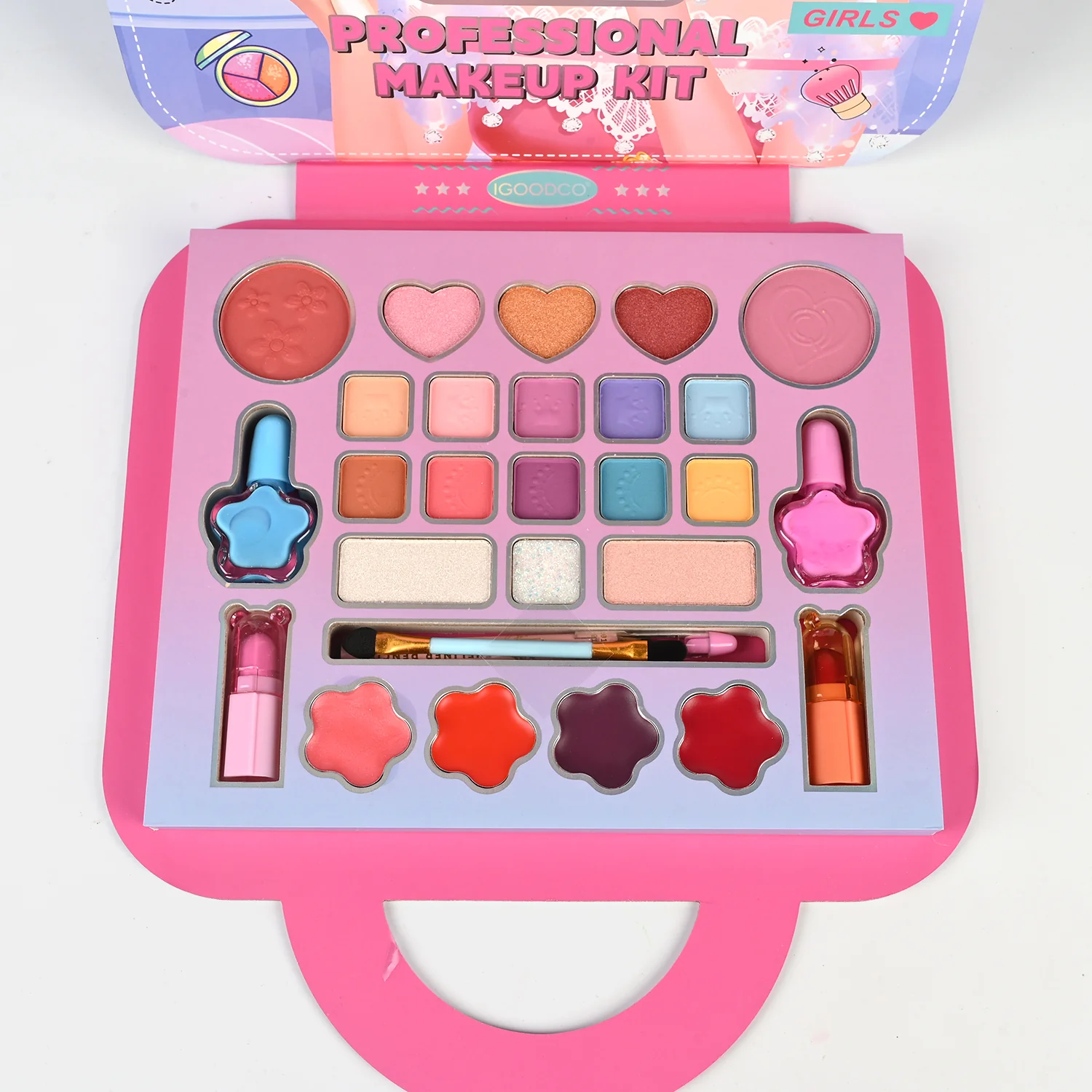 Professional Makeup Kit open view - eyeshadows, heart blushes, flower lip colours and nail polish