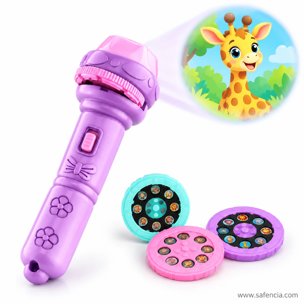 Kids projector torch projecting a cartoon giraffe picture in a round beam, its picture discs lying beside it