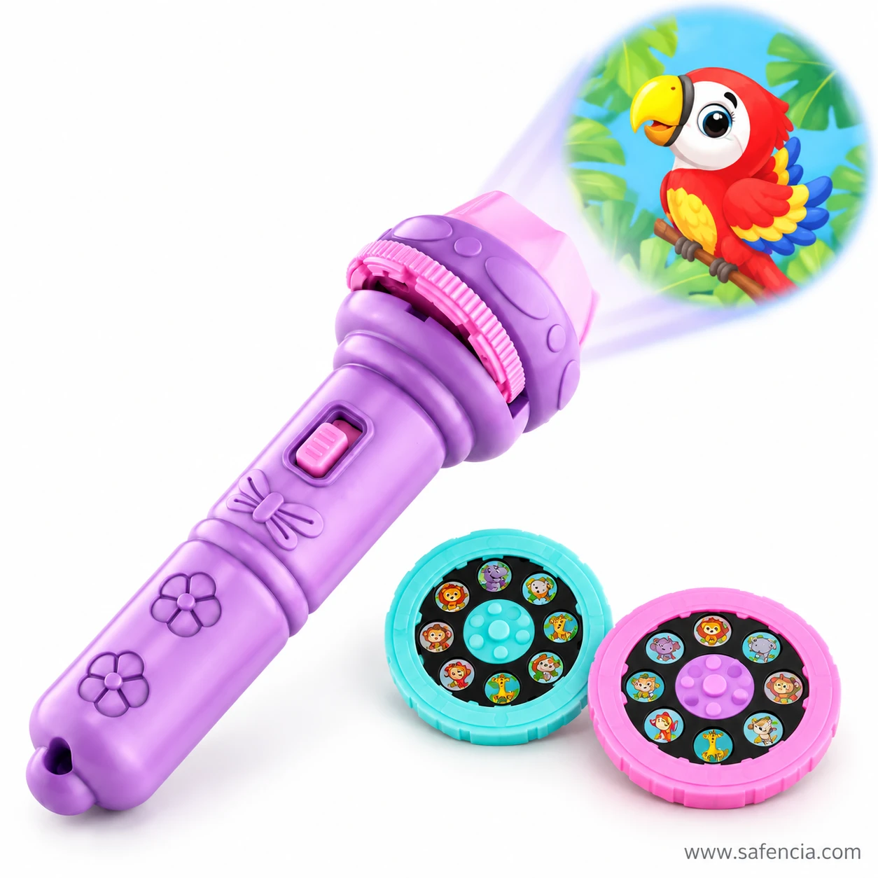 Purple kids projector torch projecting a colourful parrot picture, with teal and pink picture discs in front