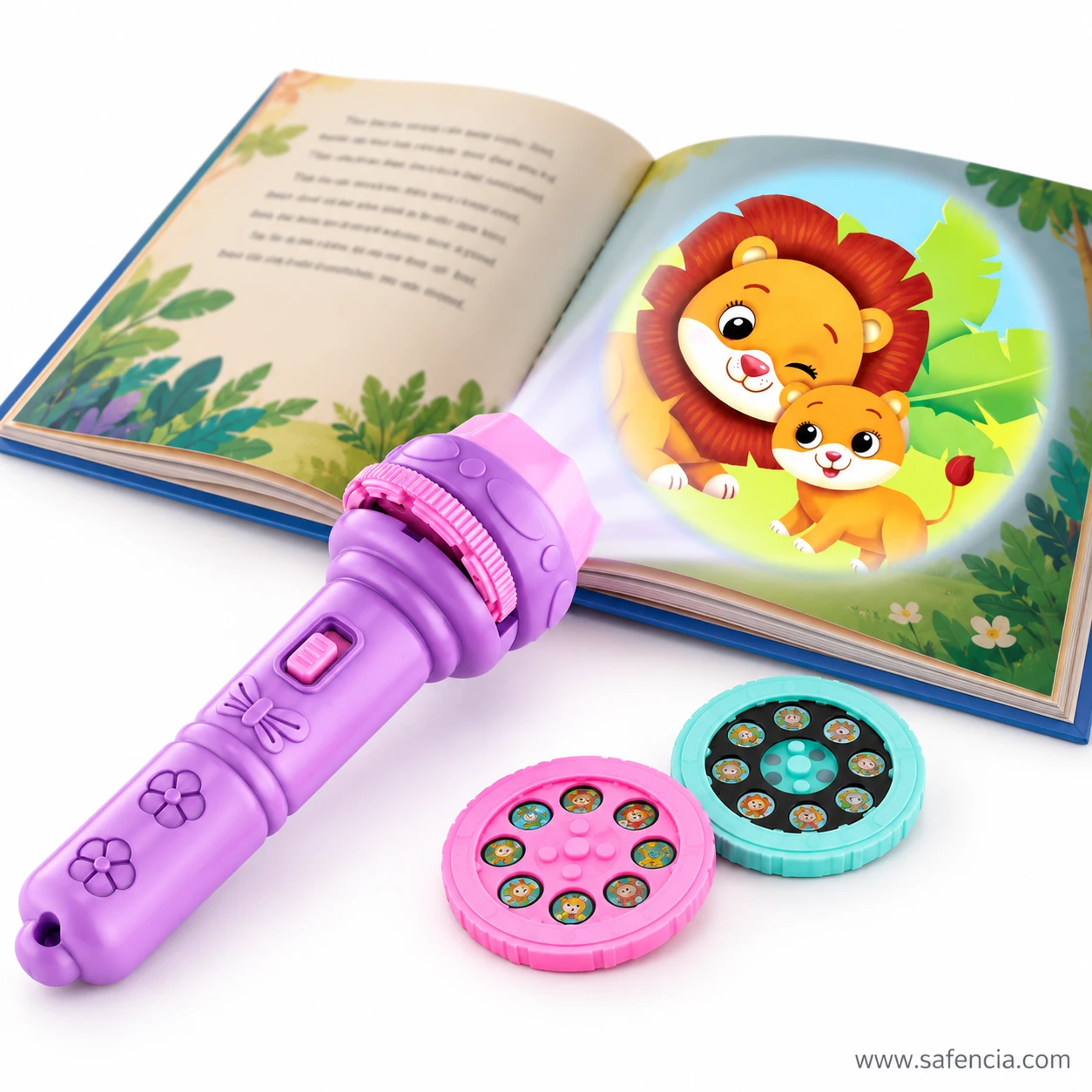 Projector torch shining a cartoon lion picture onto the open page of a children's story book, next to two picture discs
