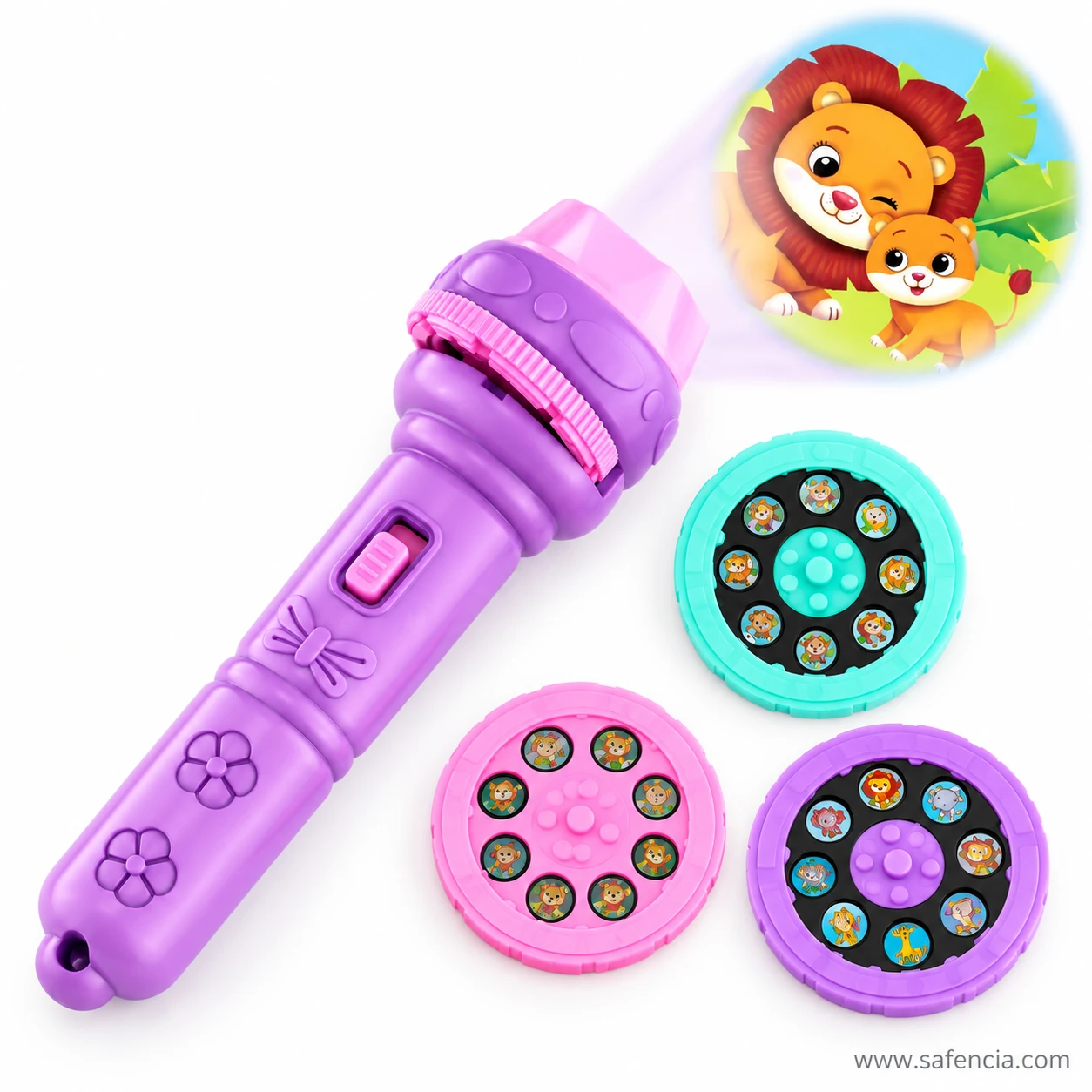 Purple projector torch with its three picture discs in teal, pink and purple, each holding eight small pictures