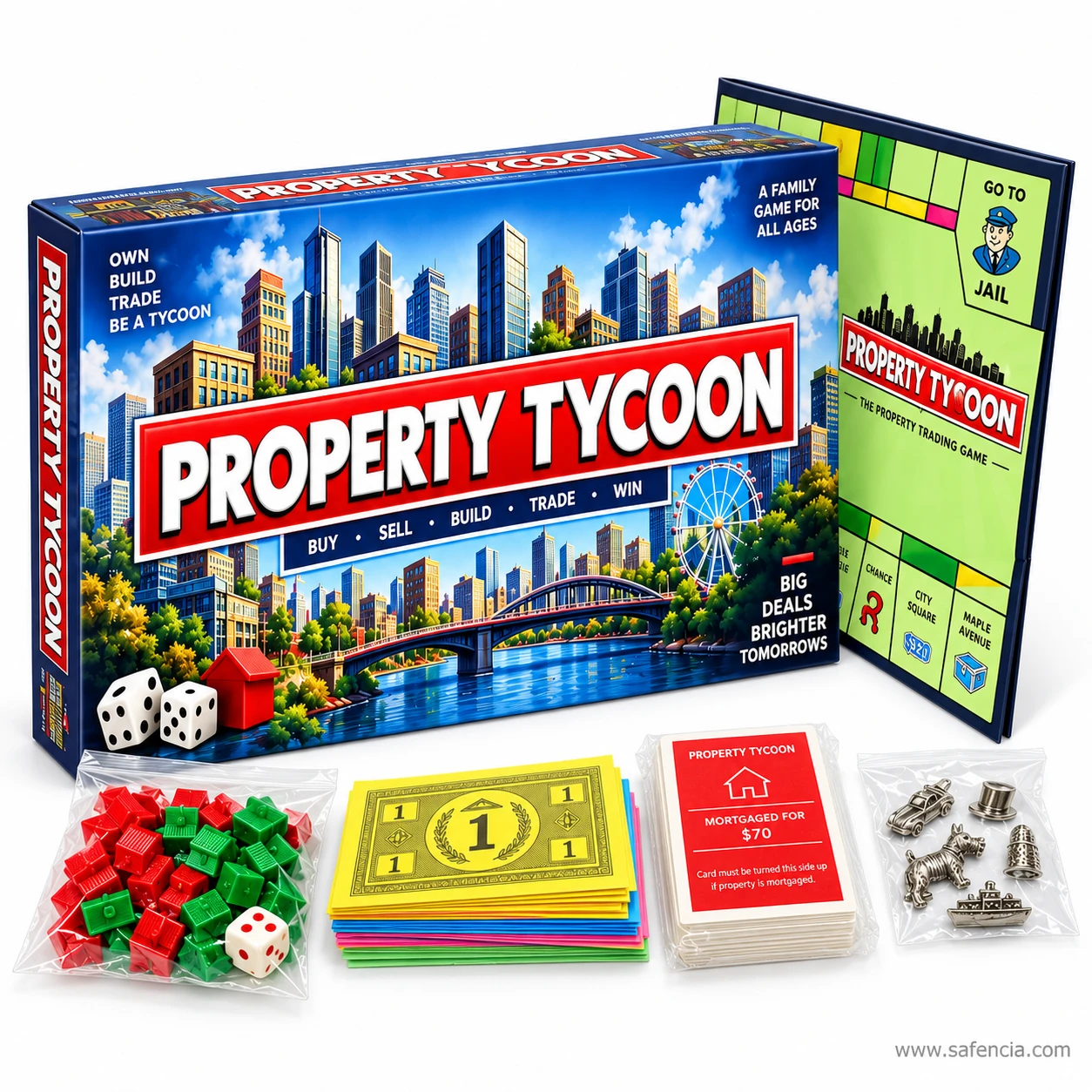 Property Tycoon board game box standing beside the folding board and bagged game pieces