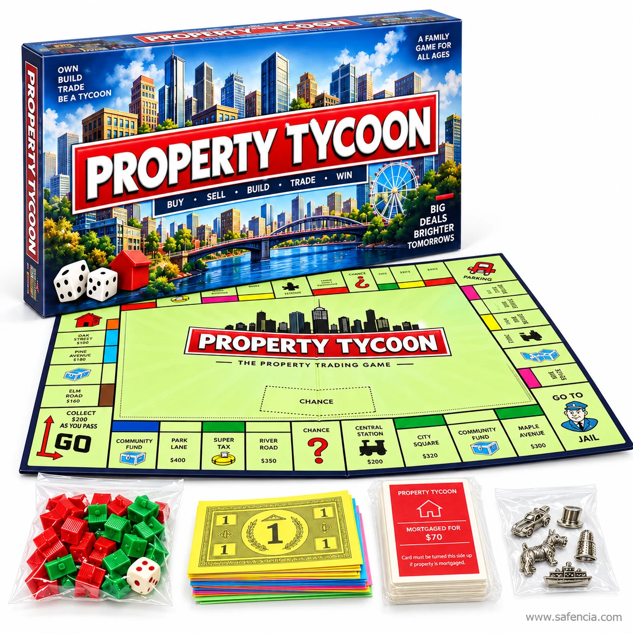 Property Tycoon game board showing GO, Jail, Chance and station squares with dice