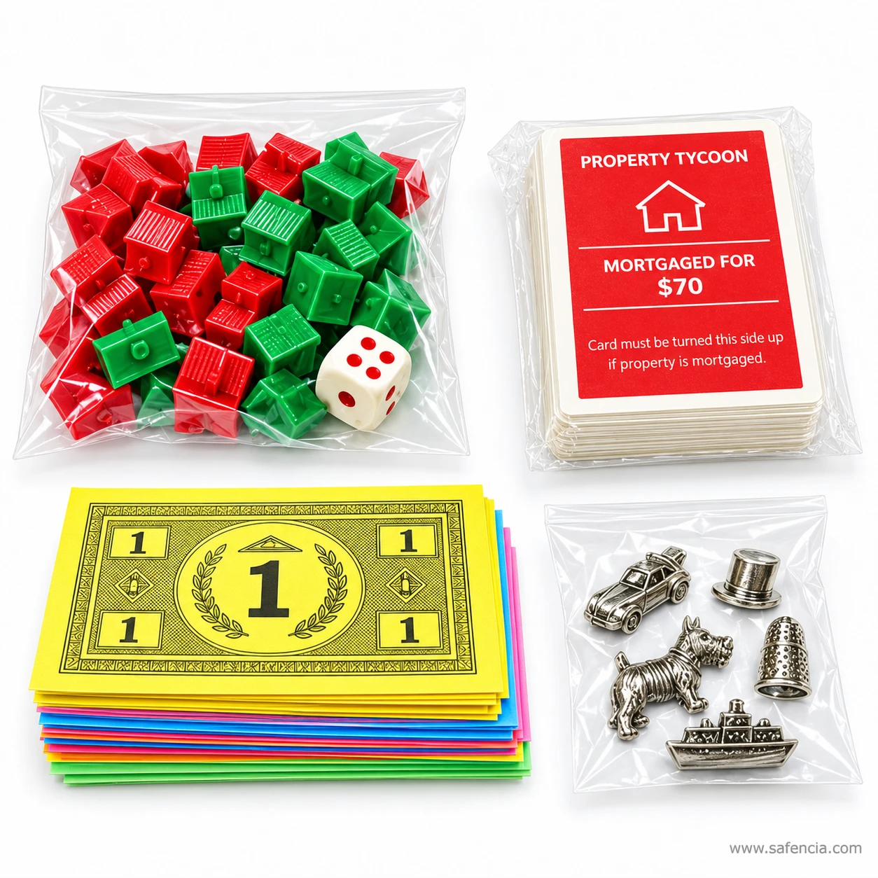 Property Tycoon game contents: green houses, red hotels, dice, play money, deed cards and metal tokens