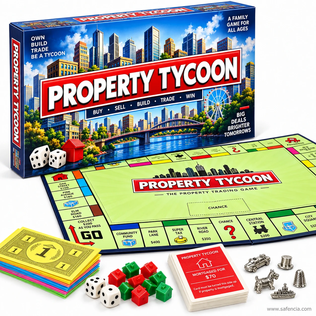 Property Tycoon board game with metal car, hat and dog tokens beside houses and hotels