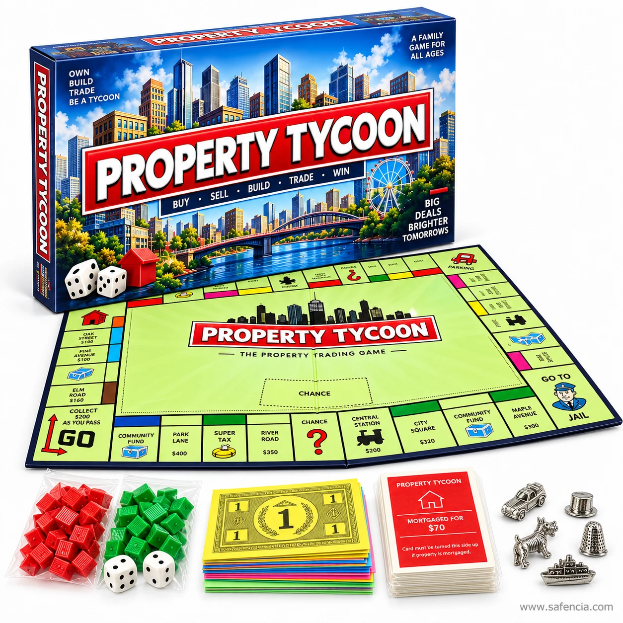 Property Tycoon board game set with two dice, play money notes and title deed card stack