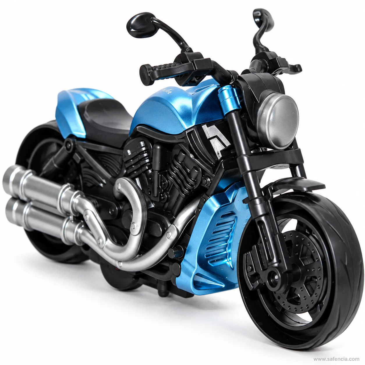 Blue heavy bike toy from a low front angle showing the drilled front disc brake, black forks and handlebar mirrors