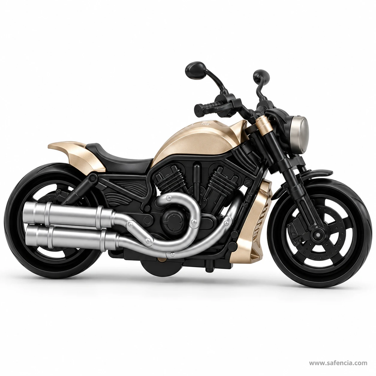 Side view of the gold cruiser motorcycle toy showing its long low body, curved exhausts and wide black tyres