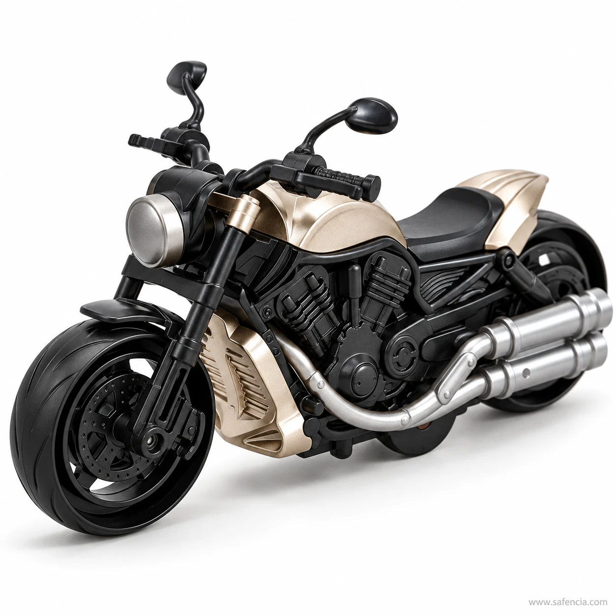 Gold pull back heavy bike toy with a champagne gold tank and engine cover, black seat and silver exhaust pipes