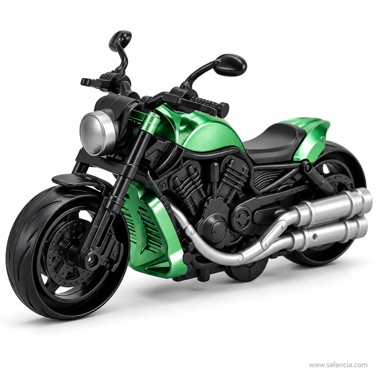 Green heavy bike toy with a metallic green tank, rear mudguard and engine cover, mirrors on both handlebars