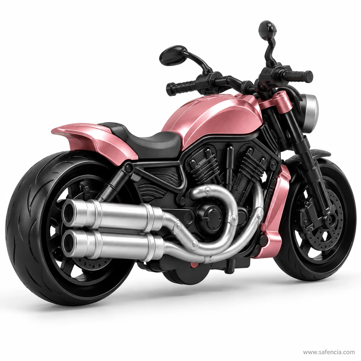 Pink cruiser motorcycle toy from the exhaust side, with a fat rear tyre and the seat sitting low between the wheels