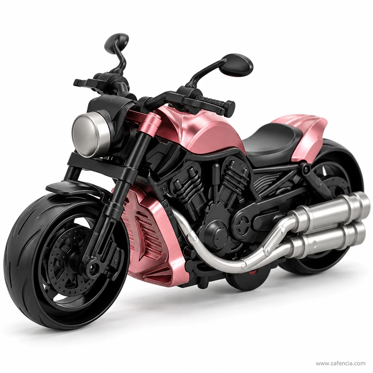 Pink heavy bike toy seen from the front left, showing the pink tank, round headlamp, black forks and fat front tyre