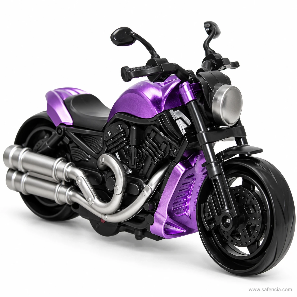 Purple heavy bike toy seen from the right, showing the twin silver exhaust pipes curving out of the black engine