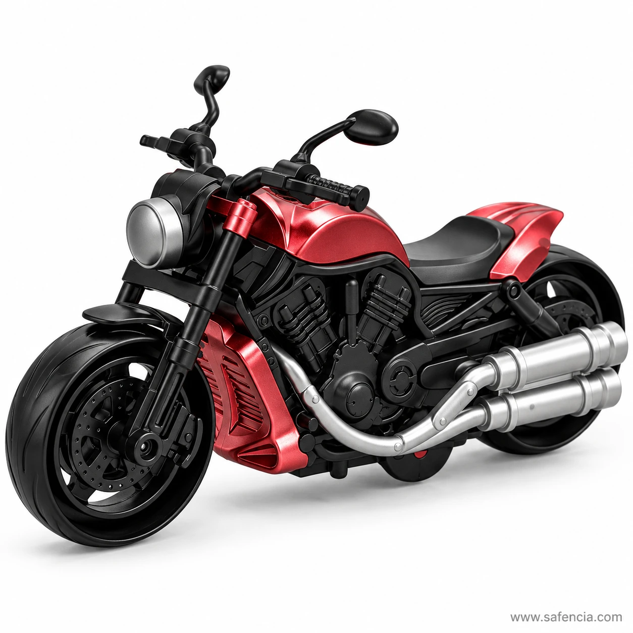 Red pull back heavy bike toy with a glossy red tank and side panel, black engine and two stacked silver silencers