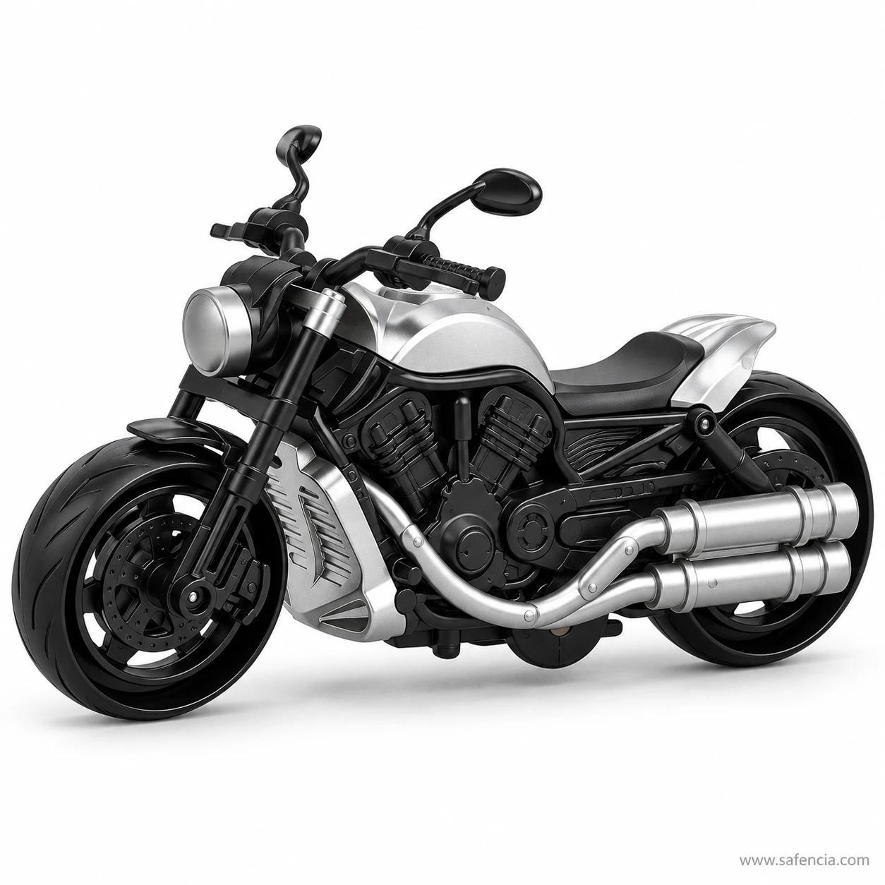 Silver pull back heavy bike toy with a satin silver tank and panels, black seat and black V-twin engine block