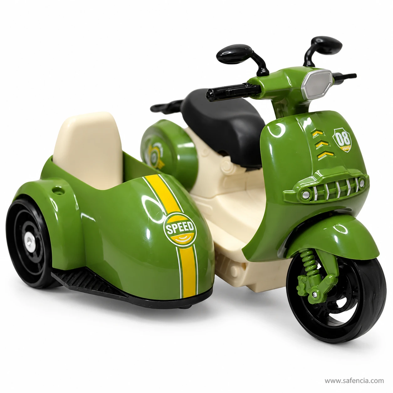 Olive green pull back scooter with sidecar toy with a yellow racing stripe, black saddle, headlight and spring front fork
