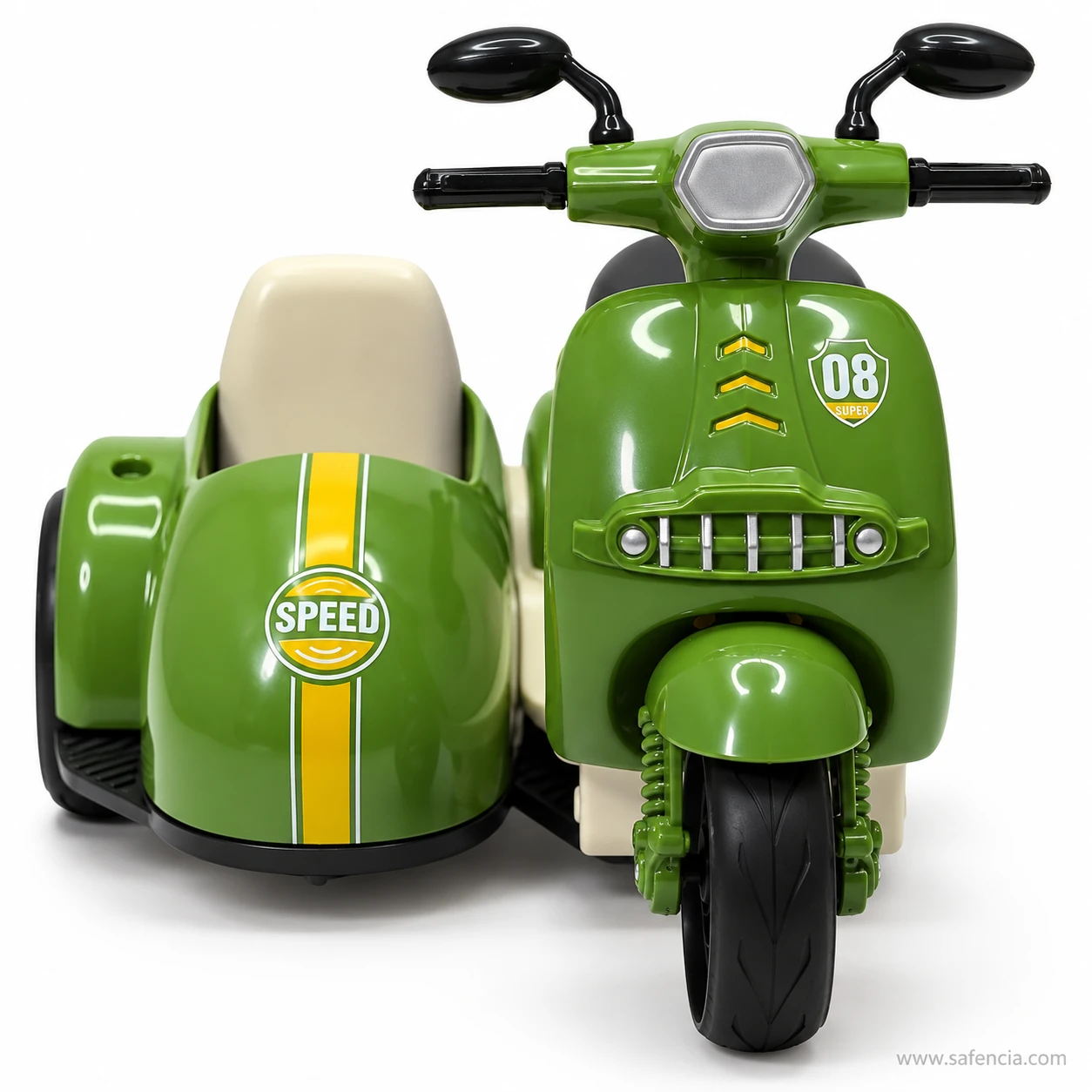 Front view of the green scooter with sidecar toy showing the headlight, silver grille, mirrors and the number 08
