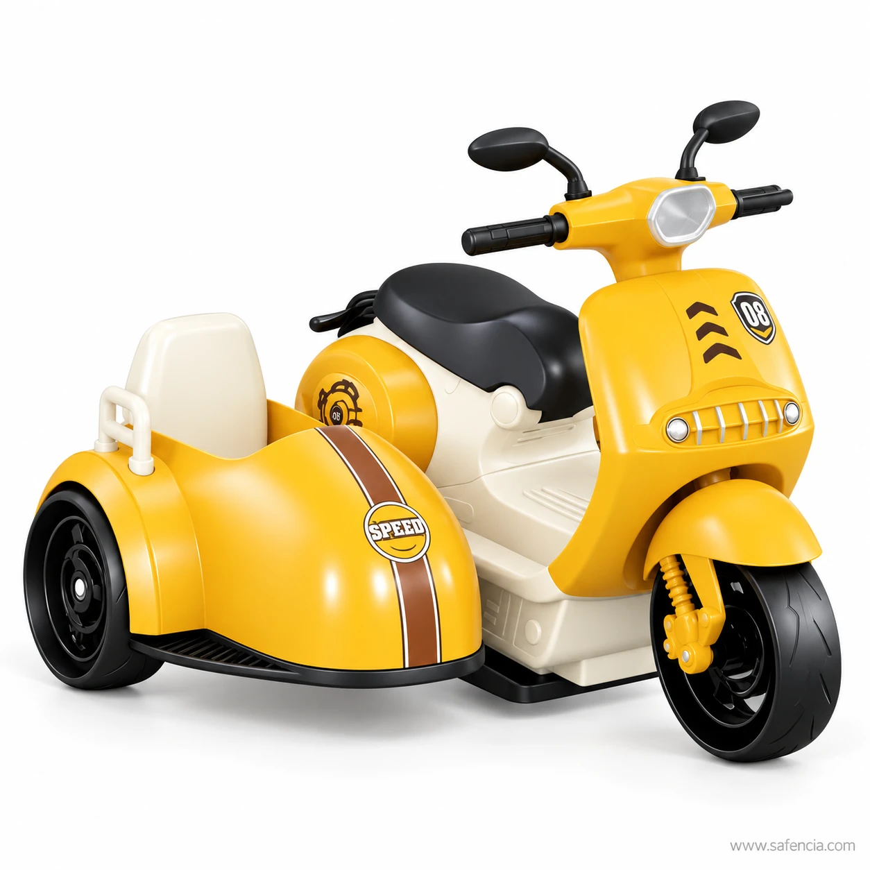 Sunflower yellow pull back scooter with sidecar toy with a brown racing stripe, black saddle and round SPEED badge