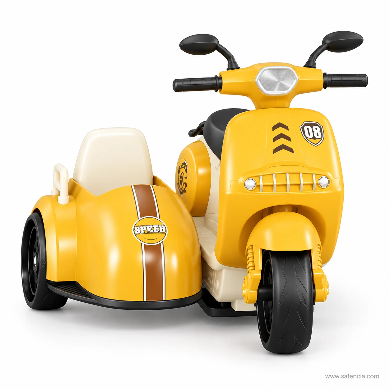 Front view of the yellow scooter with sidecar toy with its headlight, grille, mirrors, brown stripe and SPEED badge