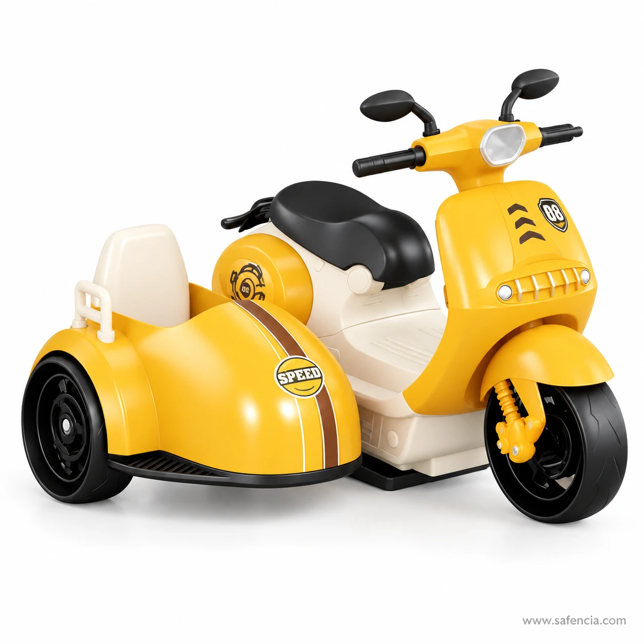 Yellow sidecar scooter toy from a low side angle showing the gear emblem engine cover, grab rail and black tyres