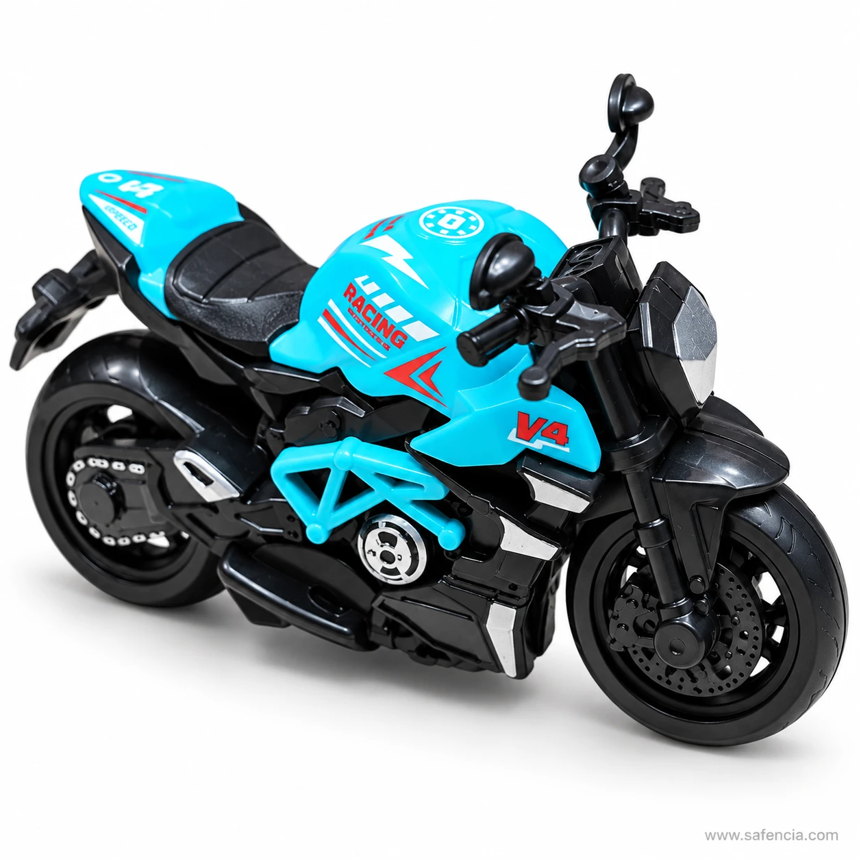 Blue pull back sports bike toy with RACING and V4 decals on the tank, a blue trellis frame and a black stepped seat