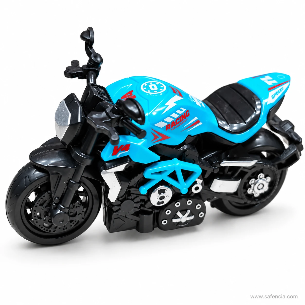 Front three-quarter view of the blue sports bike toy with its silver headlamp, black forks and handlebar mirrors