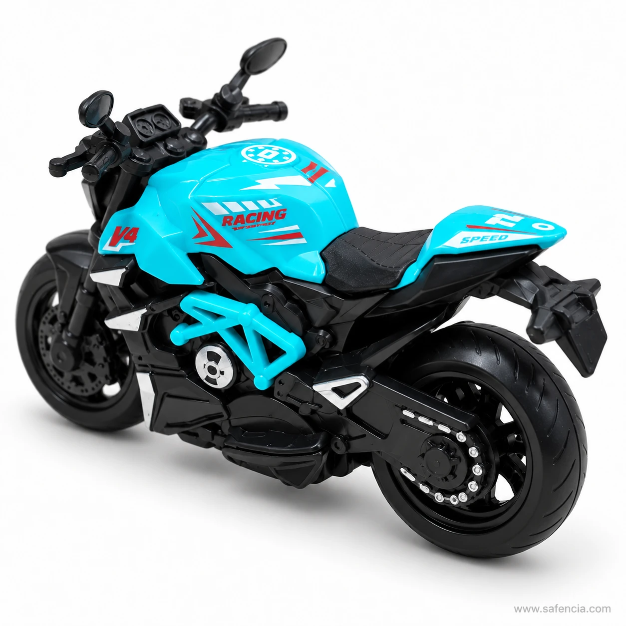 Rear three-quarter view of the blue sports bike toy showing the RACING tank decal, chain detail and wide rear tyre