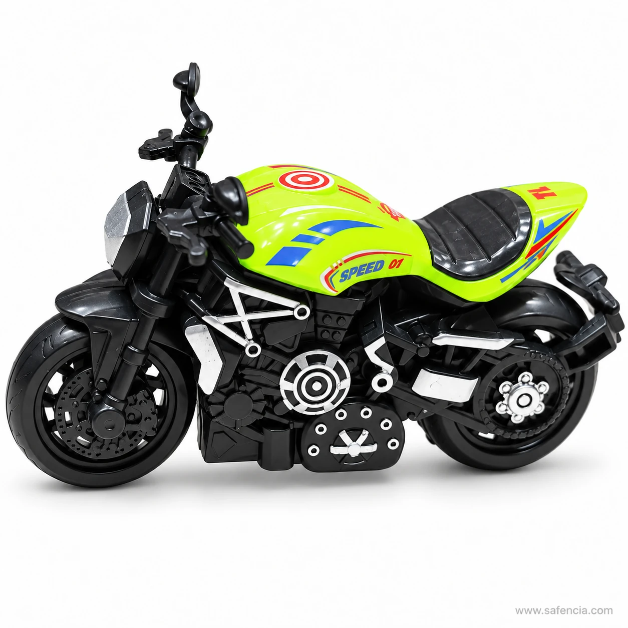 Lime green pull back sports bike toy with SPEED 01 stripes and a target roundel on the tank above the black engine