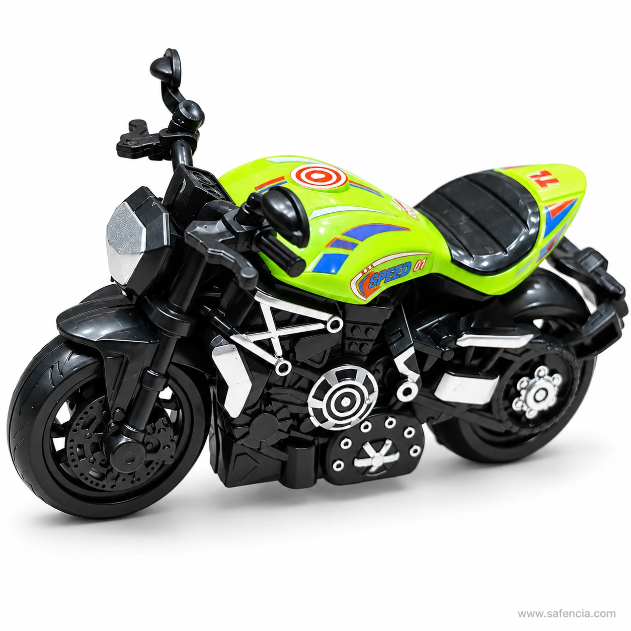 Lime green pull back sports bike toy from the front left, with black mirrors, silver headlamp and chunky front tyre