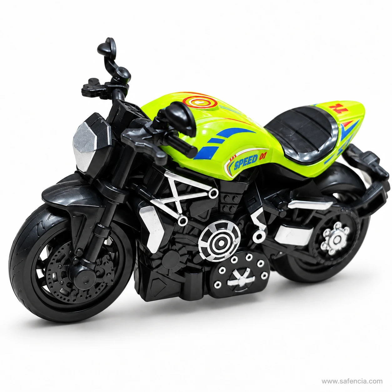 Lime green sports bike toy facing left, with SPEED 01 stripes on the tank and a white trellis graphic over the engine