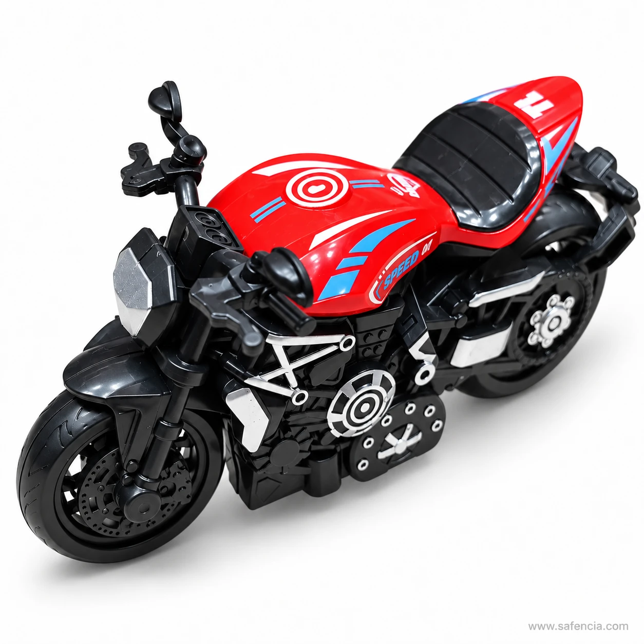Close view of the red sports bike toy with the target roundel and speed stripes printed on its glossy red tank
